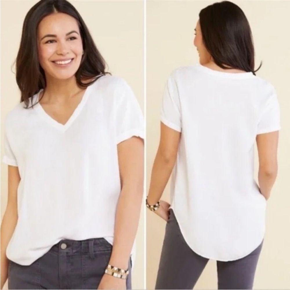 Anthropologie Cloth‎ and Stone Top V neck pullover short sleeve sz. large hi-low